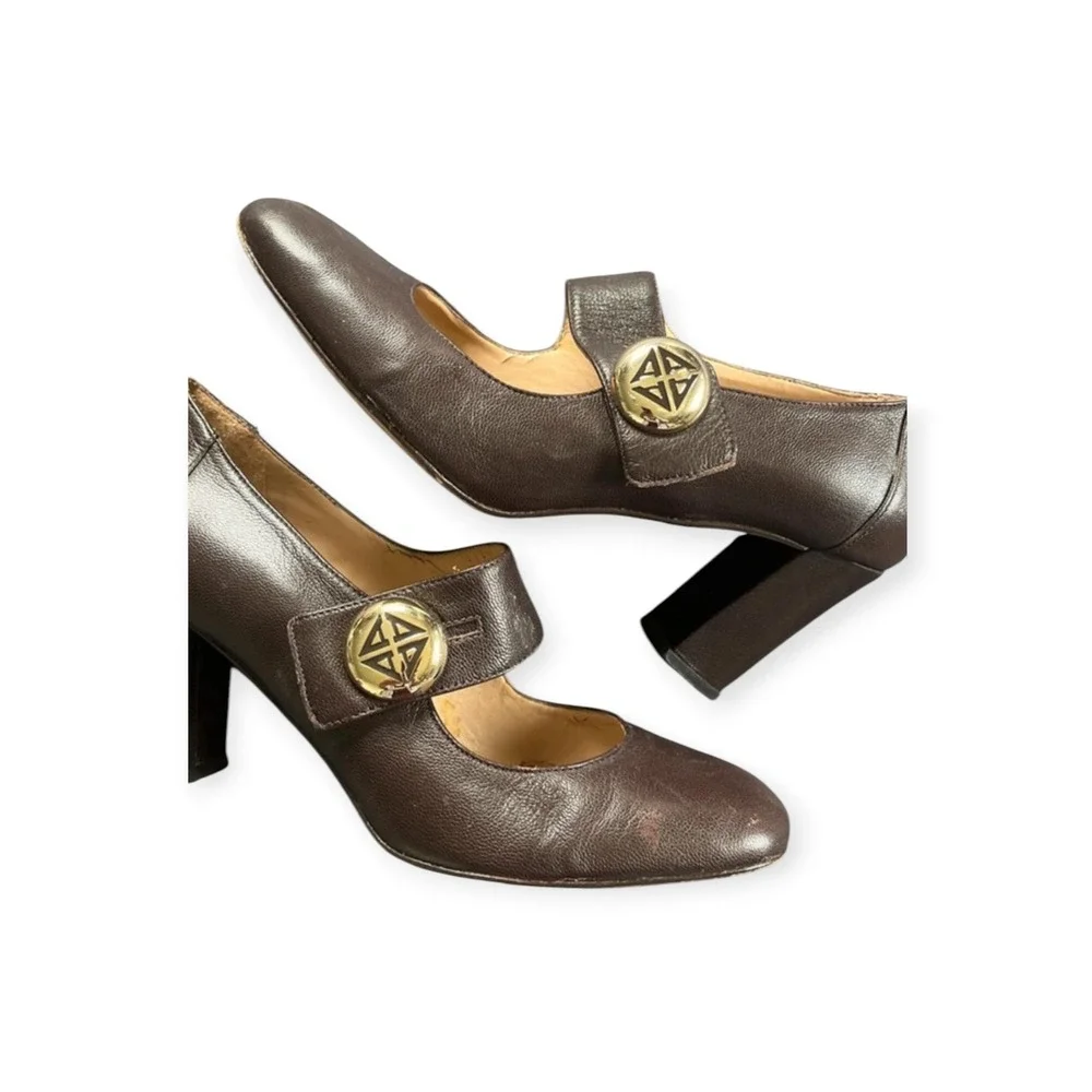 Antonio Melani Vintage Brown Leather Mary Jane Heels Gold Buckle 90s Y2K Pumps